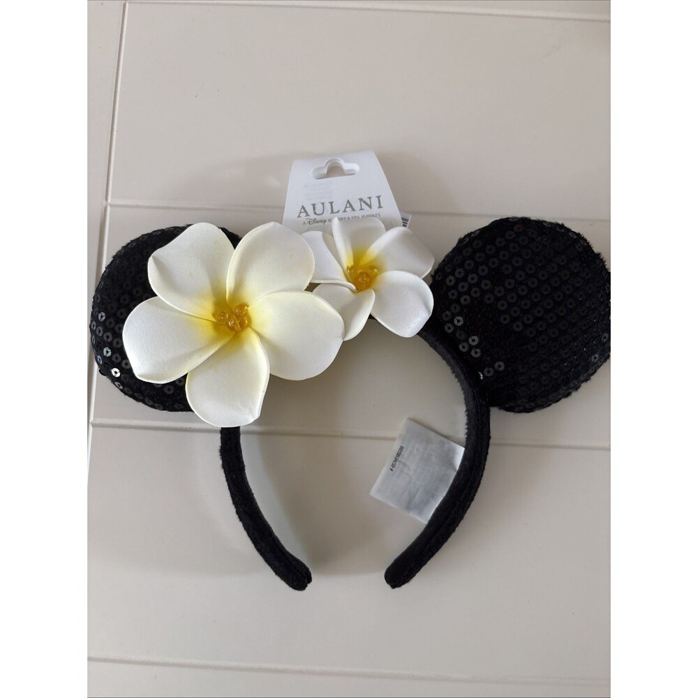 Disney Parks Aulani Resort Plumeria Black Sequin Minnie Ears Headband NEW